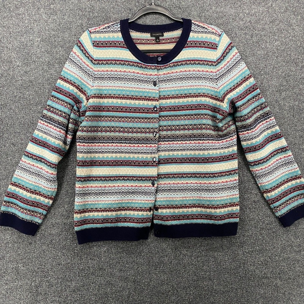 Talbots Lambswool Cardigan Womens L Blue Fair Isle Button Up boho Cottagecore
